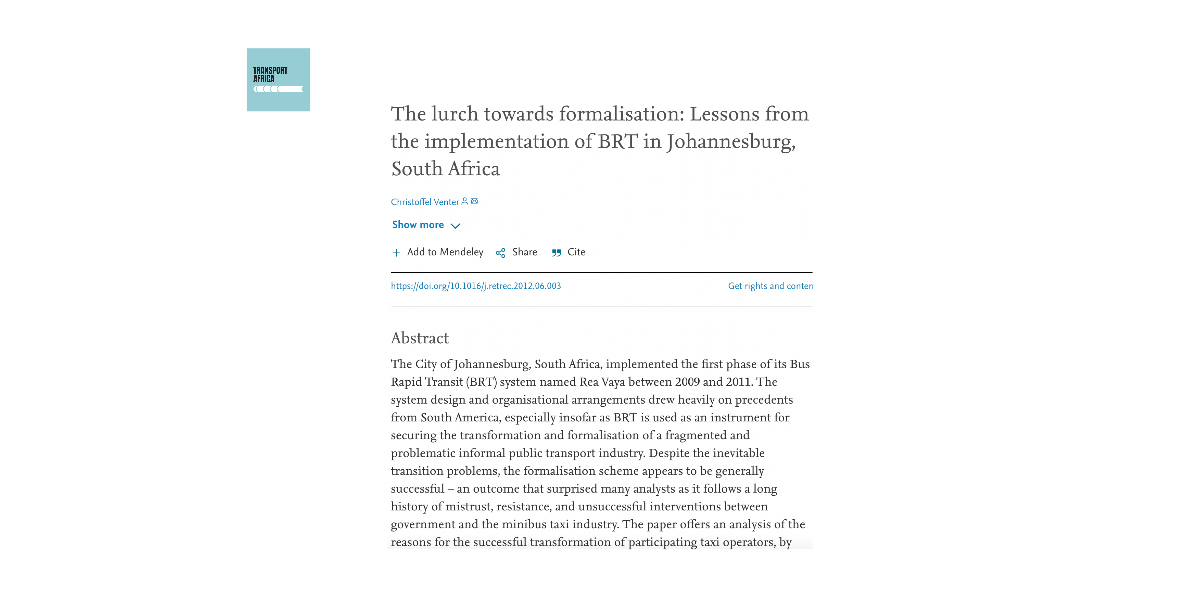 The lurch towards formalisation: Lessons from the implementation of BRT in Johannesburg, South Africa